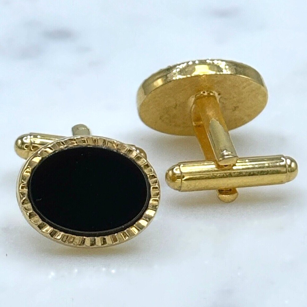 Vintage Oval Black Center & Gold Tone Bullet Back Elegant Formal Cufflinks - Picture 7 of 10